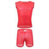 AIDASE  -  Sexy Sleeveless Mesh Transparent T-shirts Mens Lounge Undershirts Tank Tops Sexy Homme Boxer Shorts Gym Homewear Men Clothes Set aidase-shop