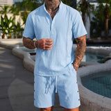 AIDASE  -  Men's 2 Piece Linen Textured Short Set Henley Neck Shirt Drawstring Shorts Casual Beach Outfit with Decorative Stitching aidase-shop