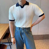 AIDASE  -  Images Simple Striped Ice Silk Elastic Jacquard Turn-down Collar Short Sleeved T-shirt 2025 Contrast Color Male Tops aidase-shop