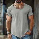 AIDASE  -  Men's Vintage Washed Frayed Edge Soft T-Shirt Casual Deep U-Neck Irregular Hem Short Sleeve Tee Loose Fit Streetwear Summer Tops aidase-shop