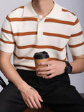 AIDASE  -  Stylish Striped Knitted Polo Shirt Men Vintage Buttoned Lapel Jumpers Summer Stylish Mens Short Sleeve Slim Polos Knitting Tops aidase-shop