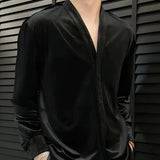 AIDASE  -  Retro Velvet Shirt For Men Spring Autumn V-neck Long Sleeve Versatile Top Fashion Light Luxury Vintage Mature Shirts Streetwear aidase-shop