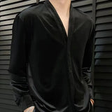 Aidase Retro Velvet Shirt For Men Spring Autumn V-neck Long Sleeve Versatile Top Fashion Light Luxury Vintage Mature Shirts Streetwear