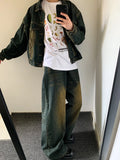 Aidase 90s Retro Skater Men Baggy Jeans Green Wash Adjust-waist Casual Wide Leg Oversize Pants Y2k Trousers Plus Size Clothes