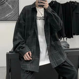 Aidase Spring Autumn Versatile Men's Cool Casual Loose Tess Button T-Shirt Soft Long Sleeve College Style Plaid Student Sport Pocket