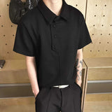 AIDASE  -  Korean Style Men's T-shirt Turn-down Collar Solid Color Button Design Casual Tees Short Sleeved Male Silhouette Tops 9W3217 aidase-shop