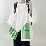 AIDASE  -  Men Irregular Shirt Striped Patchwork 3/4 Sleeve Loose Men Clothing Korean Style Streetwear Fashion Casual Male Shirts aidase-shop