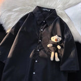 AIDASE  -  Little Bear Decoration Men's Shirt Japanese Solid Color Shorts Sleeve Shirt Summer Loose Casual Male Clothing aidase-shop