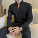 AIDASE  -  New Chinese Solid Color Slim and Simple Men's T-shirt Stand Collar Elastic Casual V-neck T Base Shirt aidase-shop