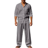 AIDASE  -  Linen Men Seaside Beach Two Pieces Mens Outfits Vintage Long Sleeve Loose Suits Spring Leisure Pure Summer Color Breathable Sets