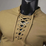AIDASE  -  Spring Autumn Men T-Shirts Mesh Patchwork Long Sleeve Top Tees Solid Lace Up V-Neck Casual Bottom Blouse Men Tees Tops aidase-shop