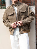 AIDASE  -  Vintage Houndstooth Print Jacket Coat Mens Fall Winter Outdoor Casual Jackets Men's Stylish Zip-up Stand Collar Coats Outerwear aidase-shop