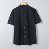 AIDASE  -  Summer Short Sleeve Cotton Linen Shirts Men Solid Casual Stand Collar Shirt Male Breathable Loose Daily Blouse Tops Plus Size aidase-shop
