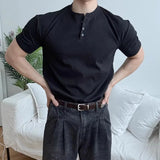 AIDASE  -  New Men's Henry Neck Short Sleeve T-shirt Summer High Elastic Fitness Slim Fit Base Layer Top Muscle Fit Casual Tee For Workout aidase-shop