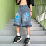 Aidase New Summer Oversized Denim Shorts Mens American Street Star Pattern Washed Cowboy Capris High Street Straight Wide Leg Capris