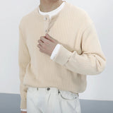 AIDASE  -  Casual Buttoned Crew Neck Knit Jumper Tops Men Vintage Knitting Sweaters Trendy Mens Autumn Long Sleeve Solid Color Sweater aidase-shop