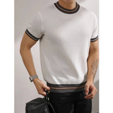 AIDASE  -  New Summer Men's Short-Sleeve Knitted Shirt Crew Neck Top Color-Blocked Striped Ice Silk Breathable Slim Fit Business T- Shirt