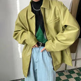 Aidase 2024 Men Autumn Winter New Unisex 2k Retro Solid Color Green Leather Jacket Motorcycle Casual Loose Zipper Lapel Street Coat