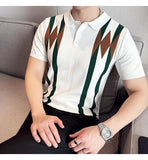 AIDASE  -  Contemporary Men's Polo: White Shirt with Earth-Tone Geometric Lines | Office-to-Outing Versatility M-4XL aidase-shop