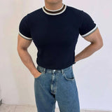 AIDASE  -  Light Luxury Ice Silk Knitted Contrast Color Round Neck Pullover Men's T-shirt Business Gentleman Male Tops aidase-shop