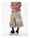 AIDASE  -  Retro Mud Dyed Rust Used in Old Street Hip-hop Wide-leg 7-point Ripped Denim Shorts aidase-shop