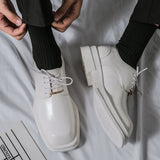 Aidase New Men Square Toe Patent Black White Leather Loafers Male Platform Dress Shoes Vintage Chunky Heel Party Shoes Men Formal Shoes