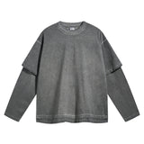 Aidase 2024 Tie-dyed Fake Two-piece Long Sleeved T-shirt for Men Vintage Washed Trendy Distressed Sweatshirts Women Oversized Clothes aidase-shop