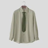 AIDASE  -  Men Striped Shirt Lapel Long Sleeve Korean Style Men Clothing With Tie Streetwear Loose Fashion Casual Tops Male Shirts aidase-shop