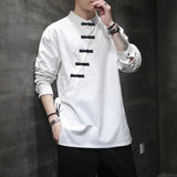 Aidase Spring and Autumn New Oriental Men's Shirt Hanfu Chinese Top Cotton Hemp Street Casual Vintage T-shirt