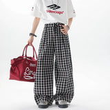 AIDASE  -  Spring Summer Mens Fashion Oversize Plaid Pants Wide Leg Buttons Long Trousers Elastic Waist Casual Bottoms Wear Plus Size aidase-shop