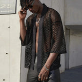 Aidase Mesh See-through Fishnet Mens Shirt Cardigan Fashion Sexy Shawl Nightclub Wear Tops 3/4 Sleeve Camisas Streetwear For Men