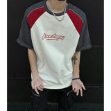 24.43Aidase Summer New High Street Trendy Splicing Round Neck Short Sleeve Men and Women Retro Letter Printed Loose Casual T-shirt Top y2k aidase-shop