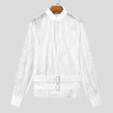 AIDASE  -  Men Shirt Lace Patchwork See Through Long Sleeve Sexy Tops Camisas Streetwear Hollow Out Fashion Men Clothing S-3XL aidase-shop