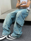 AIDASE  -  Men's Baggy Denim Cargo Pants Multi-Pocket Wide-Leg Jeans Vintage Washed Loose Fit Streetwear Style aidase-shop