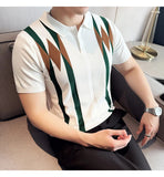AIDASE  -  Contemporary Men's Polo: White Shirt with Earth-Tone Geometric Lines | Office-to-Outing Versatility M-4XL aidase-shop