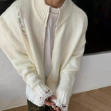 Aidase Mens Autumn Winter Y2k Lazy Style Hollow Ribbed Cardigan Sweater Essential Genderless Trendy Solid Color Zipper Couple Sweater aidase-shop