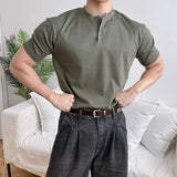 AIDASE  -  New Men's Henry Neck Short Sleeve T-shirt Summer High Elastic Fitness Slim Fit Base Layer Top Muscle Fit Casual Tee For Workout aidase-shop