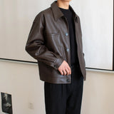 Aidase Men Korean Style Faux Leather Jacket for Male Loose Short Motorcycle Leather Jacket Oversize Brown Retro Button PU Moto Coat 3XL aidase-shop