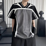 AIDASE  -  Grid Patchwork Men's T-shirt Contrast Color Shoulder Padded Round Neck Short Sleeve Design Sports V-neck Tees Tide 21E6624 aidase-shop