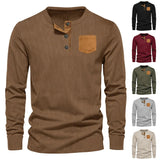 AIDASE  -  Spring and Autumn New Men's Three Button Corduroy Henry Long Sleeved T-shirt Round Neck Slim Fit