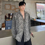 AIDASE  -  Men's Stripe Shirts New Summer Personalized Trendy Lapel Print Style Korean Male Long Sleeve Casual Shirt Tide aidase-shop