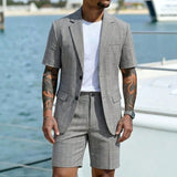 AIDASE  -  Men Plaid 2 Piece Summer Suit Short Sleeve Blazer Matching Knee Length Shorts Set Casual Daily Business Vacation Formal Outfit aidase-shop