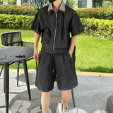 AIDASE  -  Trendy Summer Men's Denim Sets Short Sleeve Lapel Zipper Shirt Loose Casual Shorts Versatile Male Two-Piece Tide 21E6466 aidase-shop