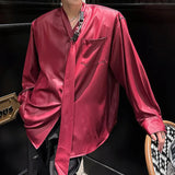 AIDASE  -  Summer Men's Shirt Korean Style Ribbon Bright Silk Smooth Solid Color Long Sleeve Men Shirts Fashion New Top Red 9W2765 aidase-shop