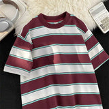 AIDASE  -  Japanese Couple Color-blocking Short-sleeved T-shirt Hong Kong Style Loose Trend Striped Heavy Round Neck Half-sleeved T-shirt aidase-shop
