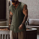 Aidase Vintage Tassels T-shirt Top Men Sleeveless V-Neck Loose Tank Blouse Summer Newest Male Fashion Waistcoat Tshirt Vest Streetwear