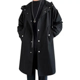 Aidase Men's Windbreaker Jacket Long Trench Oversize Loose Streetwear Hooded Vintage Black Coats High Street Casual Male Outerwear