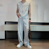 AIDASE  -  Denim Men's Sets Round Collar Solid Color Holes Design Single Breasted Sleeveless Vests Pleated Loose Male Jeans New 9W3269 aidase-shop