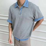 AIDASE  -  Fake Two-piece Men T-shirts Lapel Plaid Design Contrast Color Patchwork Casual Menswear Loose Short Sleeve Male Tees aidase-shop