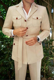 AIDASE  -  Khaki Men's Suit 2 Pieces Blazer Pants Bow Collar Single Breasted Buckle Business Work Wear Wedding Prom Costume Size Color aidase-shop